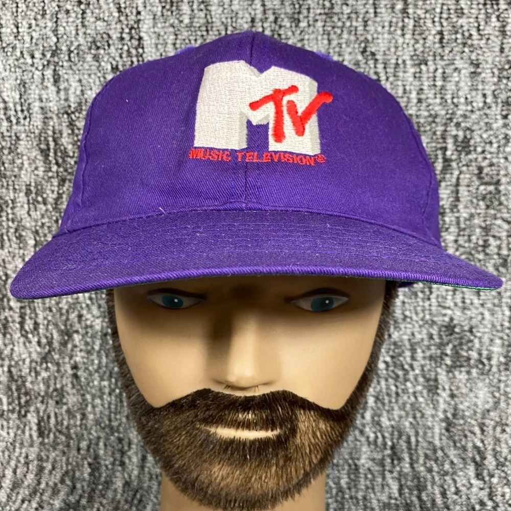 Vtg 1990 MTV Hat Snapback Cap Music Television Purple Neon Red Logo 90s Promo